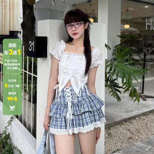 甜美少女格纹蕾丝蝴蝶结系带蛋糕短裙百搭A摆显瘦蓬蓬裙 WEEKEEP