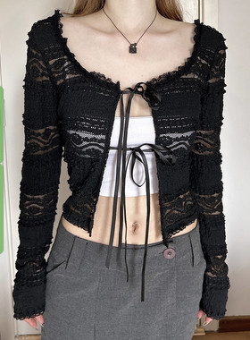 WEEKEEP 黑色蕾丝微透系带圆领防晒长袖开衫女百搭修身显瘦短上衣