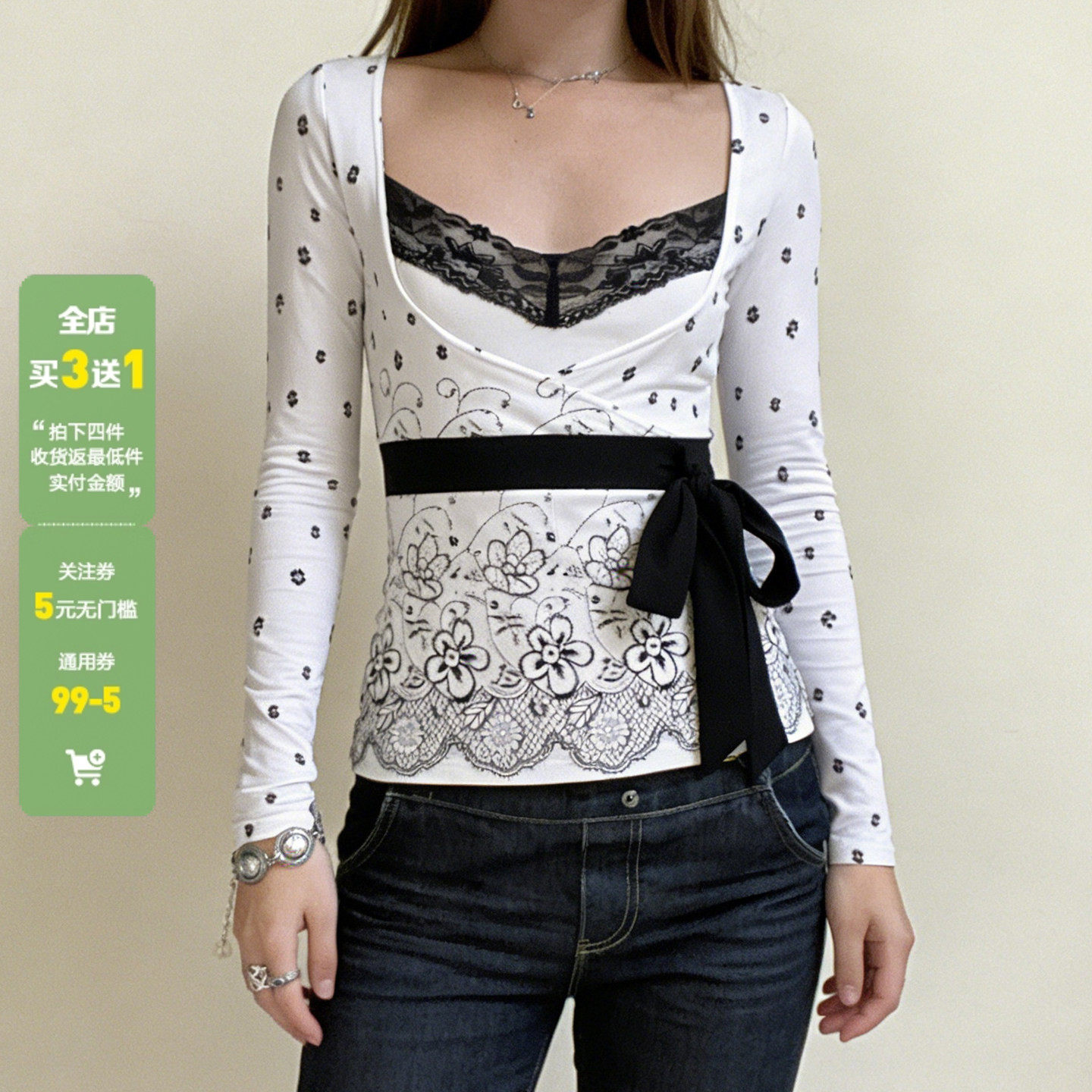 WEEKEEP 复古特色印花蕾丝拼接假两件蝴蝶结T恤女修身长袖上衣