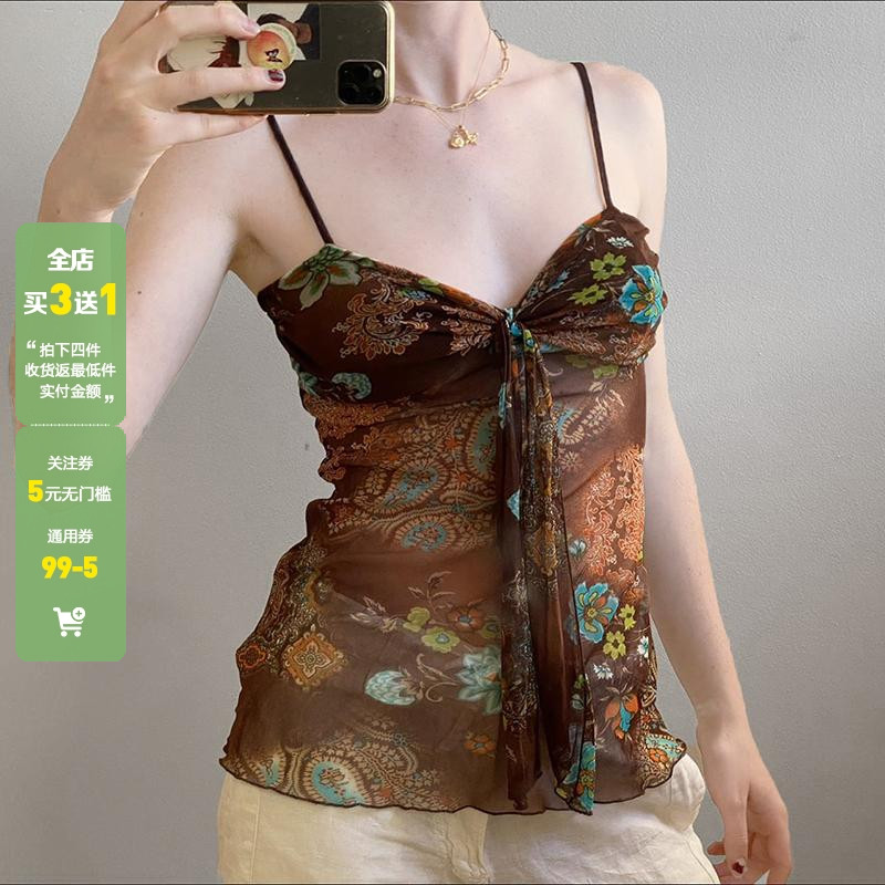 WEEKEEP 中古小众印花绑带设计吊带背心女古着感外穿网纱修身上衣