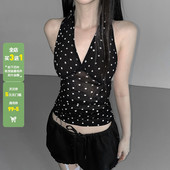 WEEKEEP 街头性感辣妹波点V领挂脖绑带背心百搭修身 收腰露背上衣