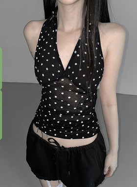 WEEKEEP 街头性感辣妹波点V领挂脖绑带背心百搭修身收腰露背上衣