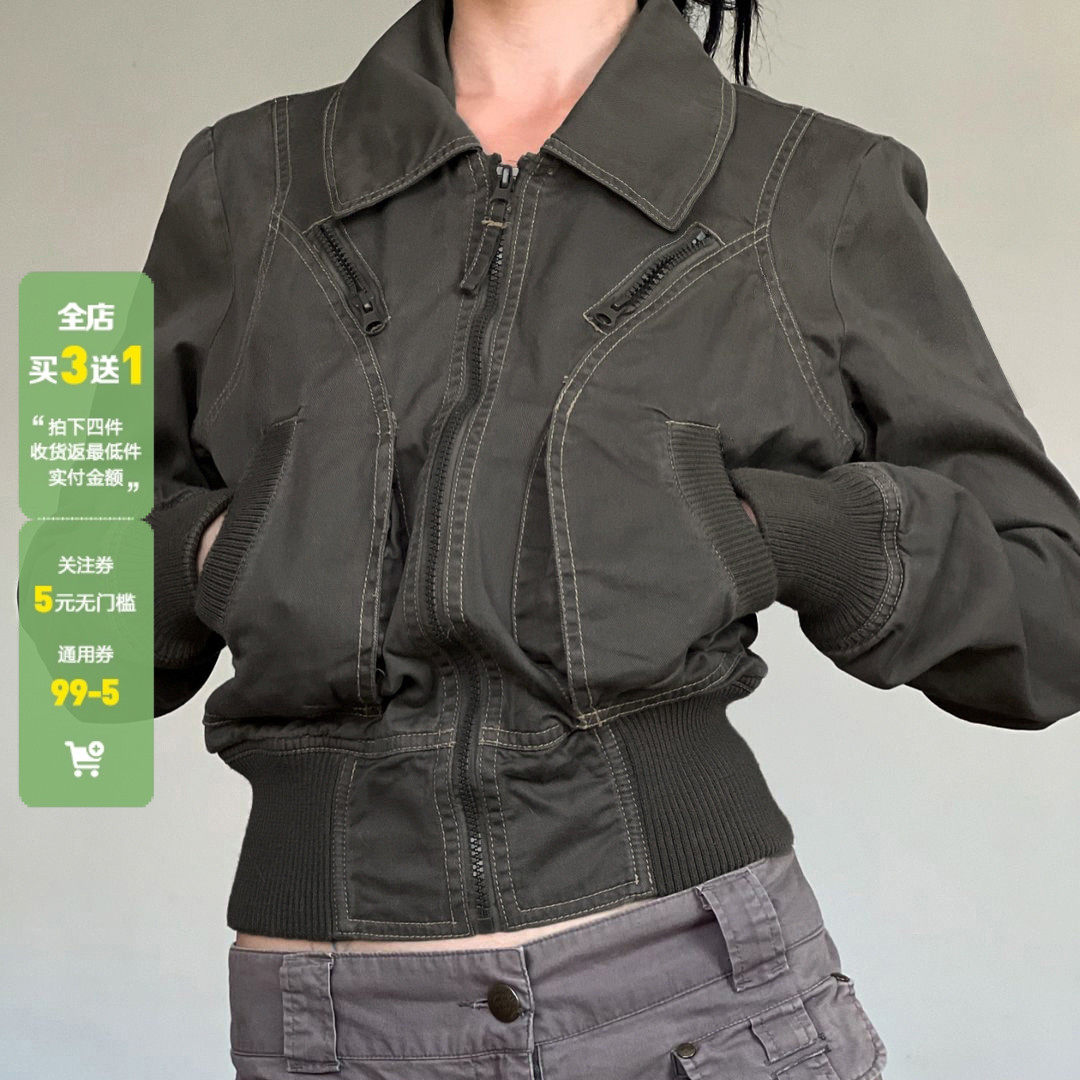 WEEKEEP 街头复古翻领拉链开衫夹克女2025秋季帅气收腰百搭短外套