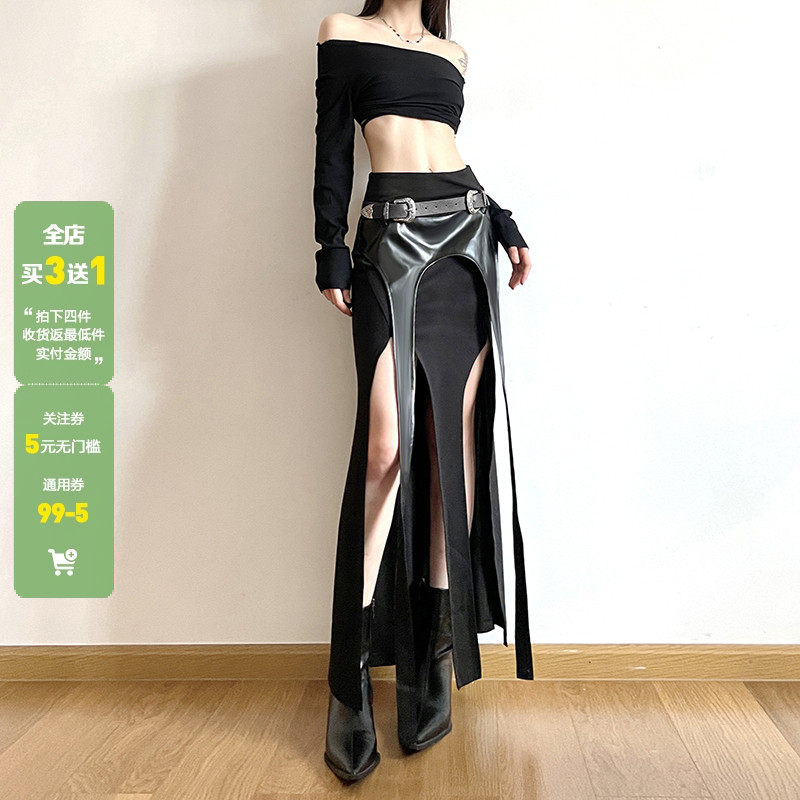 WEEKEEP【暗黑哥特风】性感下摆开叉飘带PU皮半身裙机车风长裙春