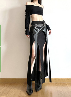 WEEKEEP【暗黑哥特风】性感下摆开叉飘带PU皮半身裙机车风长裙春