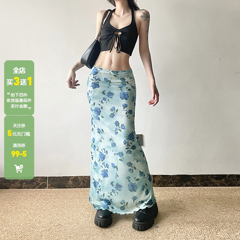 WEEKEEP【春意盎然】蓝色玫瑰印花网纱复古半身裙气质优雅长裙潮,女装/女士精品,半身裙,淘宝优惠券,粉丝福利购,淘宝优惠卷