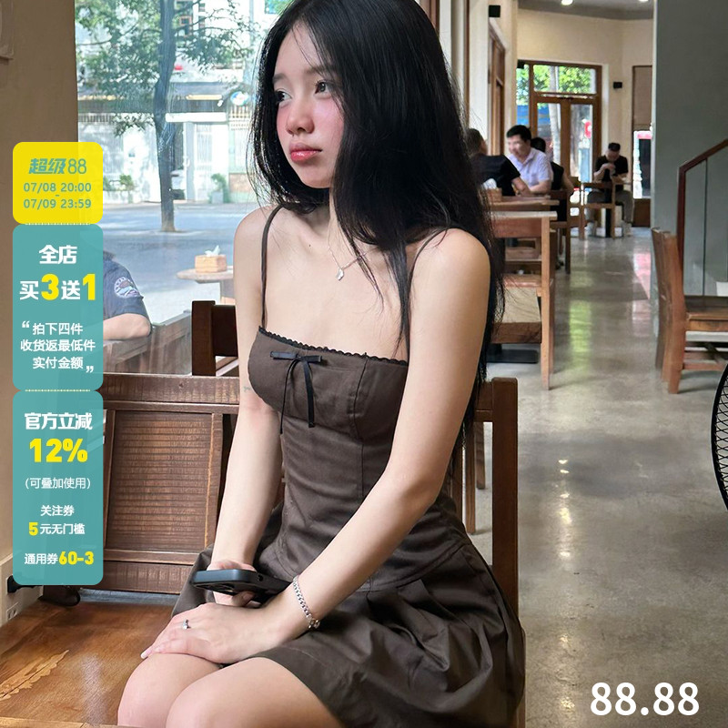 WEEKEEP 法式复古蝴蝶结拼接花边吊带连衣裙女胸型束腰显瘦短裙子