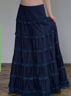 WEEKEEP 深蓝色复古蕾丝花边拼接低腰蛋糕长裙百搭宽松A摆半身裙