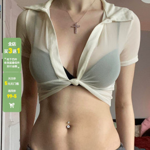 WEEKEEP 女辣妹小心机短上衣 纯欲风性感网纱透视扭结绑带深V衬衫