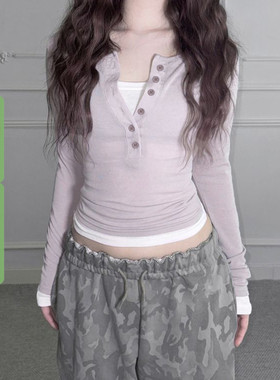 WEEKEEP 简约休闲排扣假两件拼接长袖T恤女百搭修身褶皱收腰上衣