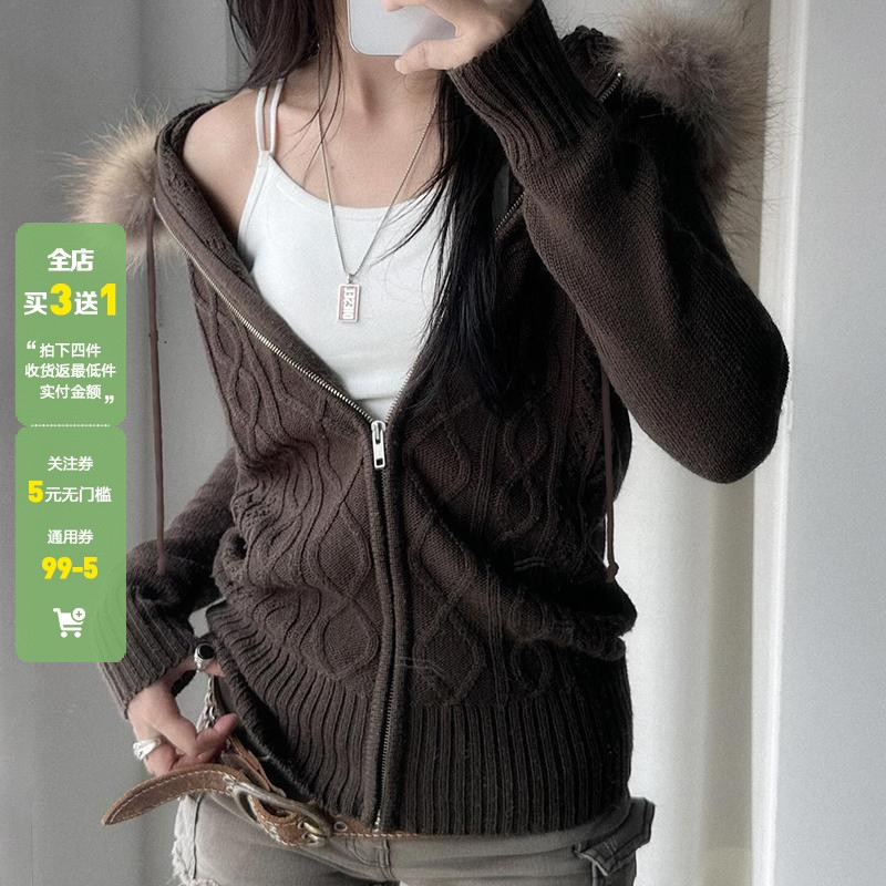 WEEKEEP 复古百搭棕色毛领针织衫连帽上衣女秋冬拉链开衫毛衣外套