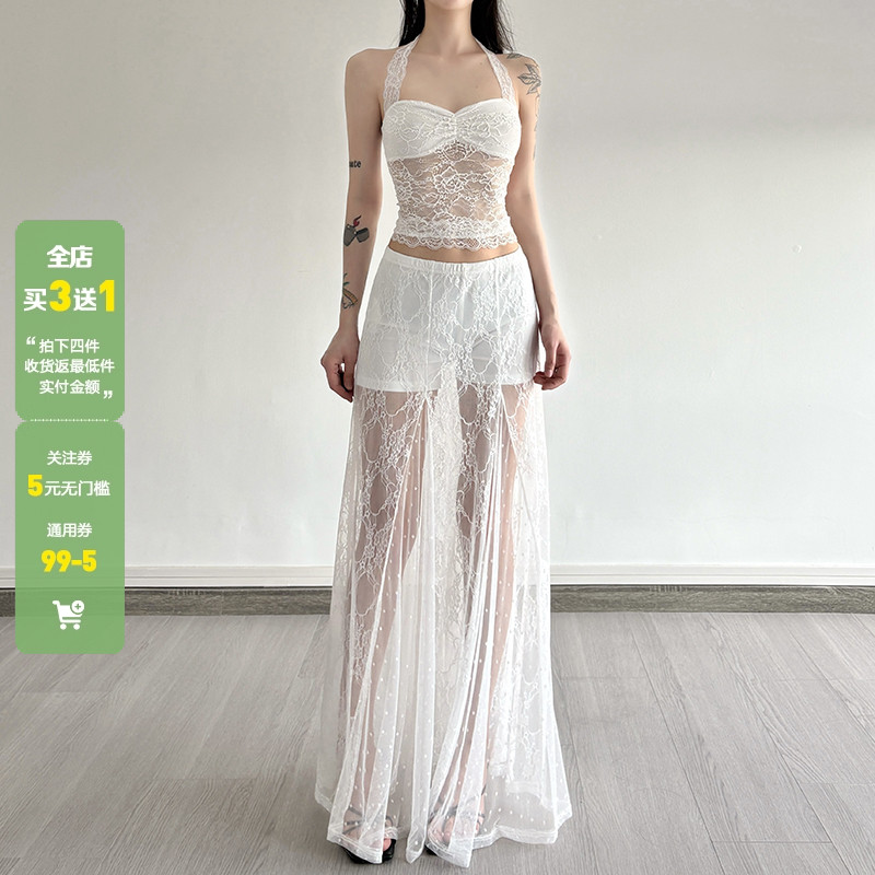 WEEKEEP 纯欲辣妹拼接蕾丝透视低腰半身裙度假风百搭性感A字长裙