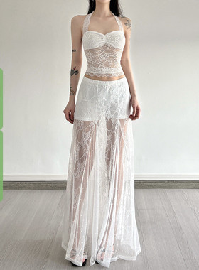 WEEKEEP 纯欲辣妹拼接蕾丝透视低腰半身裙度假风百搭性感A字长裙