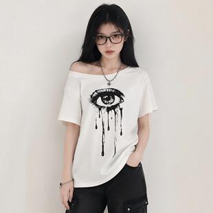 WEEKEEP 街头小众亚文化抽象大眼睫毛印花斜肩短袖T恤女宽松上衣