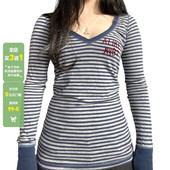 WEEKEEP 上衣 V领长袖 美式 街头休闲撞色条纹字母刺绣T恤女百搭修身