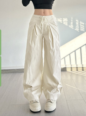 WEEKEEP 街头纯色褶皱低腰抽绳绑带休闲裤女百搭阔腿宽松跳舞长裤