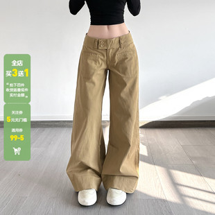 WEEKEEP 美式复古纯色低腰纽扣阔腿牛仔裤女休闲百搭宽松显瘦长裤