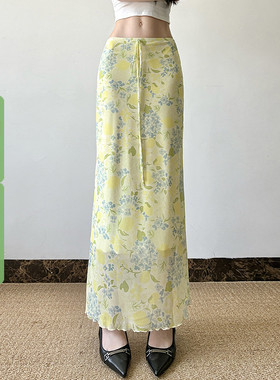 WEEKEEP 夏日小清新氛围感植物花卉印花半身裙低腰直筒绑带长裙