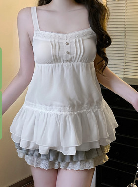 WEEKEEP 纯欲少女风白色蕾丝拼接绑带收腰吊带百搭宽松A摆背心