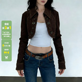 美式 复古翻领纽扣长袖 牛仔外套女百搭棕色短款 WEEKEEP 夹克开衫 潮