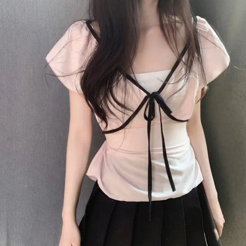 WEEKEEP 韩系少女V领撞色绑带蝴蝶结短袖T恤百搭气质修身收腰上衣
