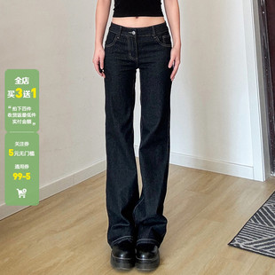 WEEKEEP 街头百搭深蓝色字母刺绣显瘦微喇牛仔裤女垂感直筒休闲裤