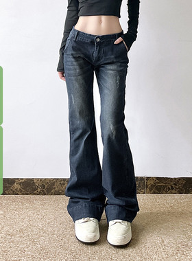 WEEKEEP 美式复古深蓝色基础百搭低腰微喇牛仔裤女显瘦修身长裤潮