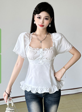 WEEKEEP 纯欲少女白色方领蕾丝拼接短袖T恤女百搭修身荷叶边上衣