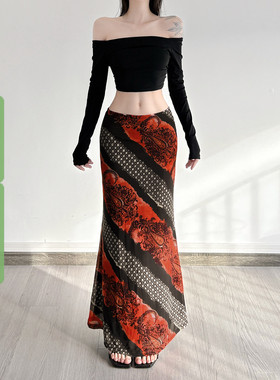 WEEKEEP 古着感小众特色印花网纱低腰半身裙度假修身显瘦鱼尾长裙