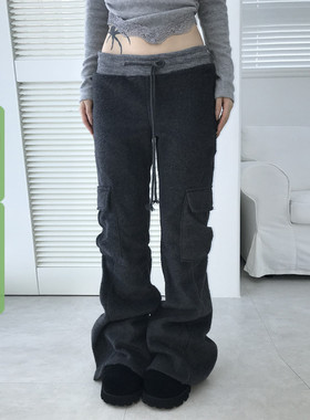 WEEKEEP 工装风撞色拼接松紧腰系带微喇休闲裤女百搭修身低腰长裤