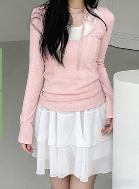 WEEKEEP 甜美纯欲丝带假两件拼接长袖T恤女百搭基础修身显瘦上衣