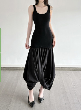 WEEKEEP 小众简约高级感拼接针织吊带连衣裙收腰显瘦不规则长裙