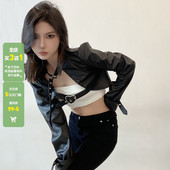 WEEKEEP 炫酷黑色机车服上衣金属扣绑带皮衣女PU皮帅气百搭短外套