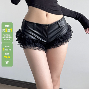 WEEKEEP 欧美辣妹黑色性感蕾丝拼接超短裤百搭低腰紧身包臀PU皮裤