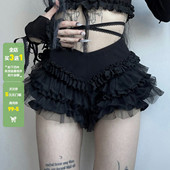 WEEKEEP 显瘦热裤 暗黑辣妹纯色蕾丝拼接木耳边高腰超短裤 百搭修身