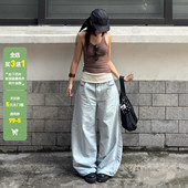 女百搭直筒宽松显瘦长裤 WEEKEEP 简约休闲撞色拼接翻腰水洗牛仔裤