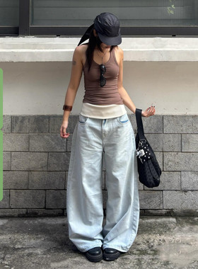 WEEKEEP 简约休闲撞色拼接翻腰水洗牛仔裤女百搭直筒宽松显瘦长裤