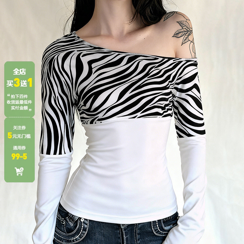 WEEKEEP 街头辣妹斑马纹拼接斜领露肩长袖T恤百搭修身打底上衣潮