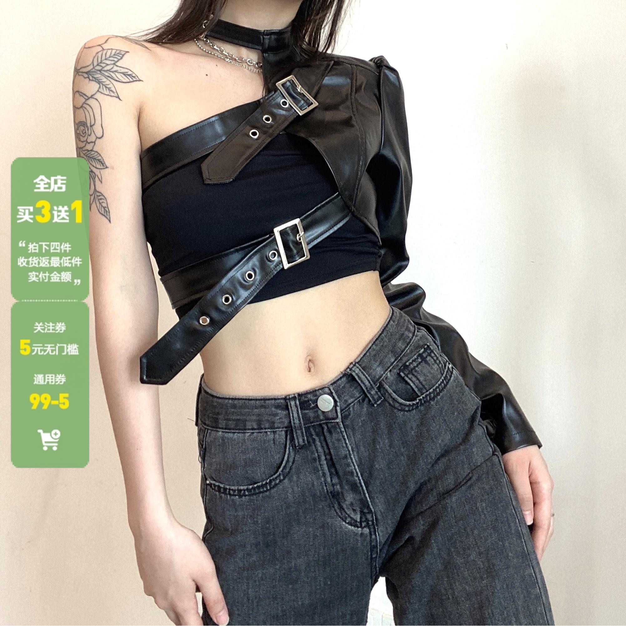 WEEKEEP 金属调节扣百搭帅气单肩皮衣女PU皮不对称设计感修身外套