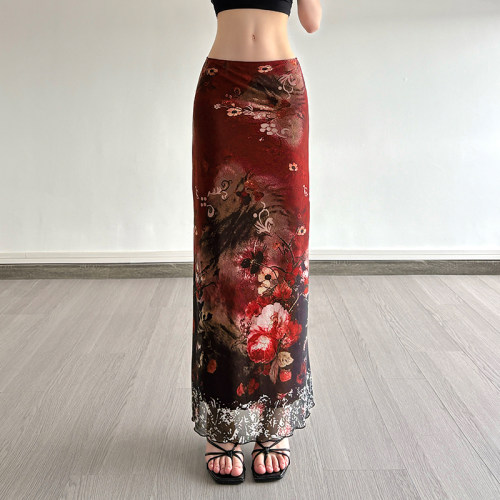 WEEKEEP 古着辣妹红色花卉印花网纱半身裙低腰直筒修身显瘦长裙