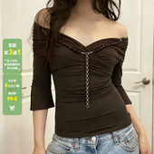 WEEKEEP 复古辣妹棕色交叉V领串珠链条上衣百搭修身 褶皱收腰T恤