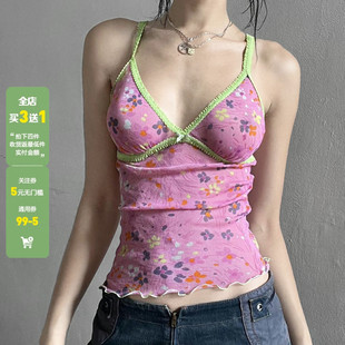 WEEKEEP 小众复古粉色网纱花朵印花吊带背心辣妹性感V领修身上衣