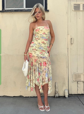 WEEKEEP 度假风辣妹植物花卉印花网纱抹胸裙褶皱收腰不规则长裙