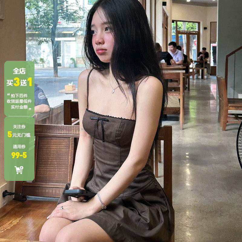 WEEKEEP 法式复古蝴蝶结拼接花边吊带连衣裙女胸型束腰显瘦短裙子