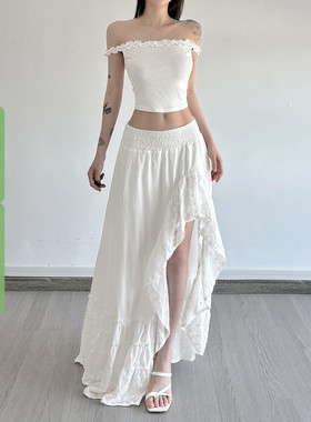 WEEKEEP 白色设计感荷叶边拼接提花侧开叉半身裙打揽收腰飘逸长裙