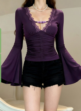 WEEKEEP 气质复古紫色V领串珠蕾丝拼接喇叭袖上衣修身褶皱收腰T恤