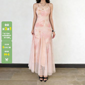 WEEKEEP 甜美少女蕾丝拼接晕染印花网纱吊带连衣裙度假风收腰长裙