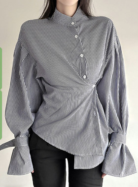 WEEKEEP 小众设计多穿法条纹立领长袖衬衫女休闲百搭宽松排扣上衣