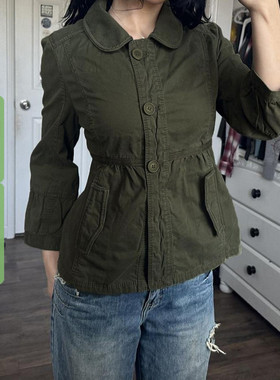 WEEKEEP 美式工装风军绿色绑带收腰A摆排扣外套百搭翻领长袖开衫
