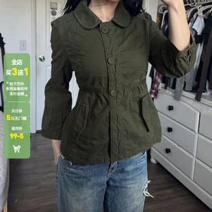 WEEKEEP 美式工装风军绿色绑带收腰A摆排扣外套百搭翻领长袖开衫